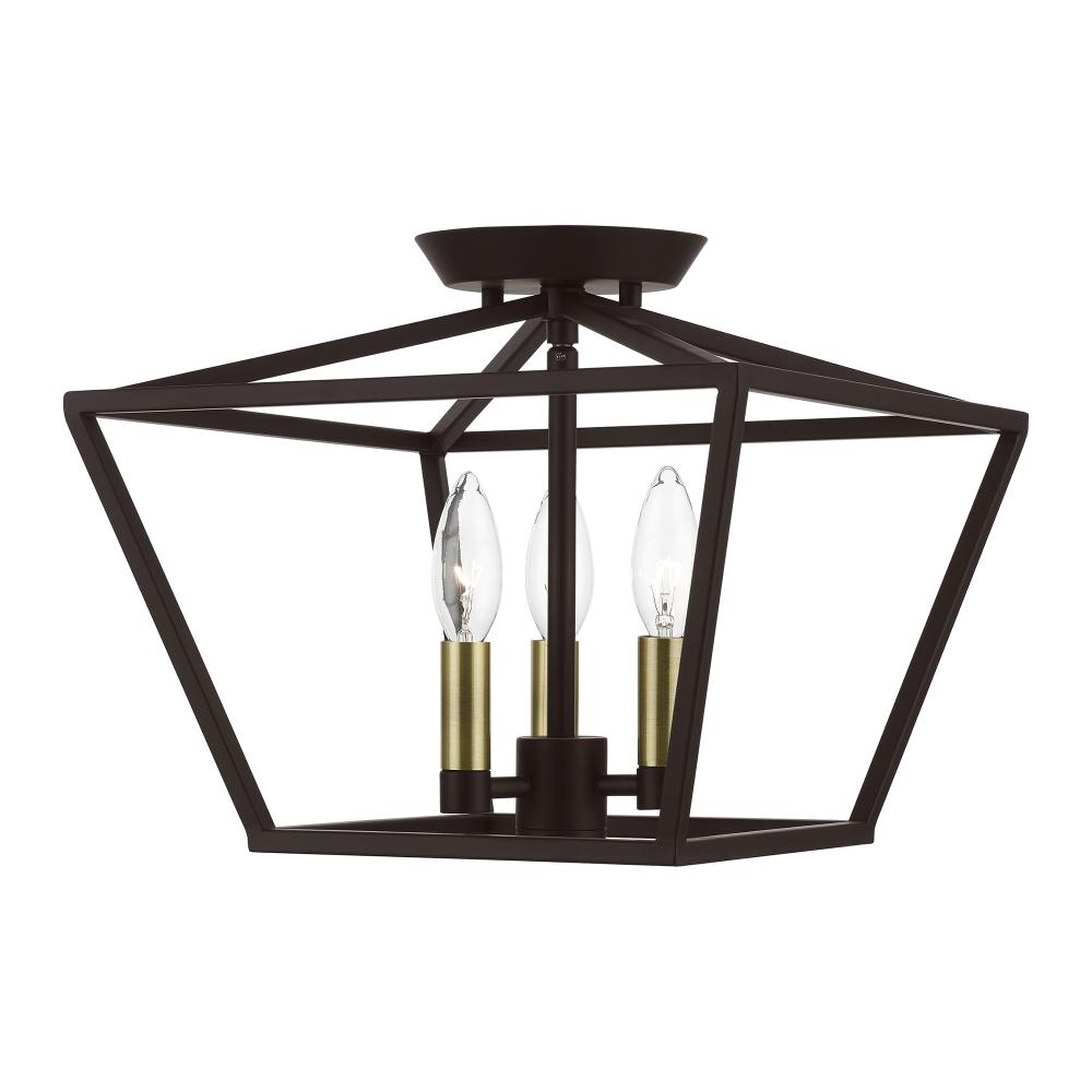 3 Light Bronze with Antique Brass Accents Square Semi-Flush