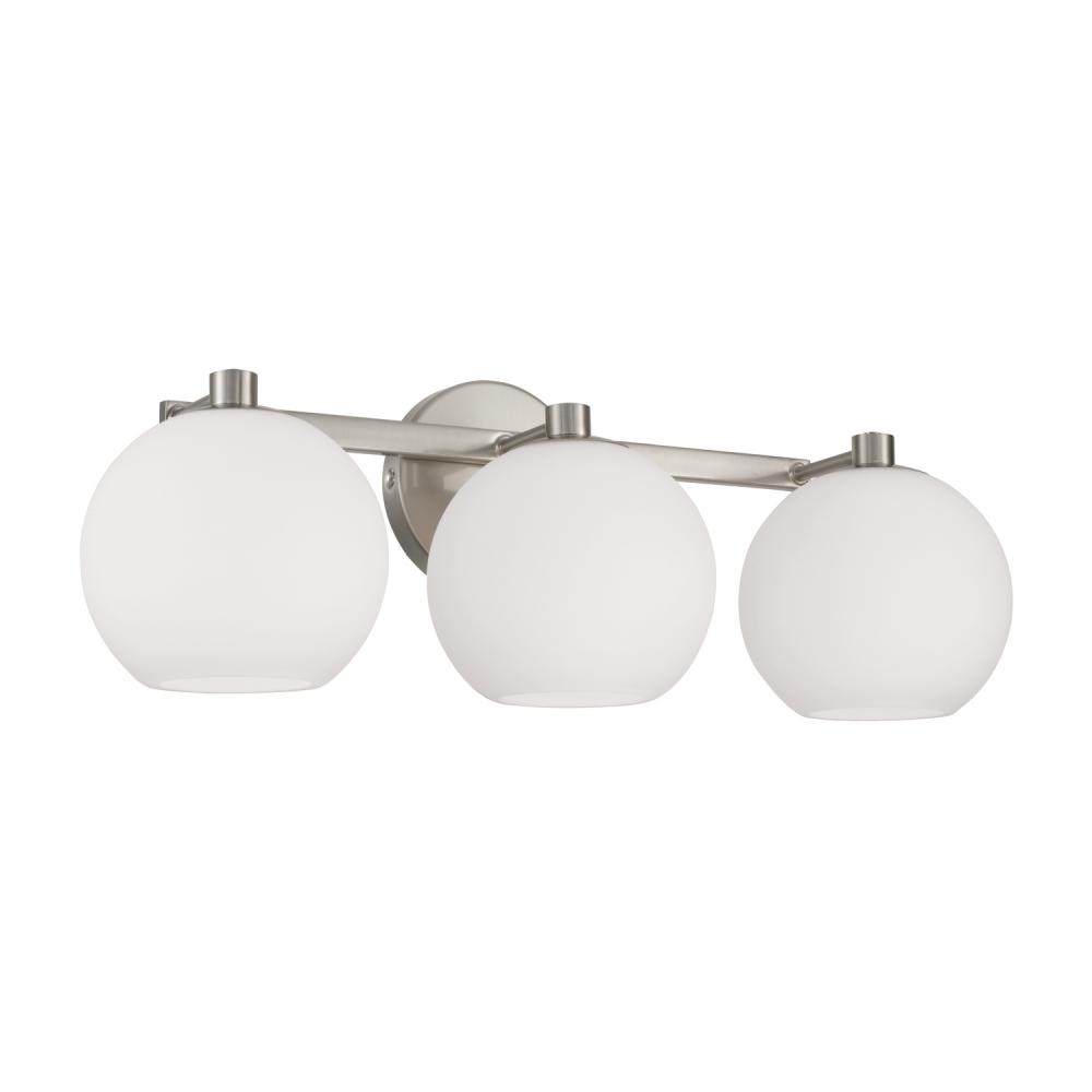 3-Light Circular Globe Vanity in Brushed Nickel with Soft White Glass