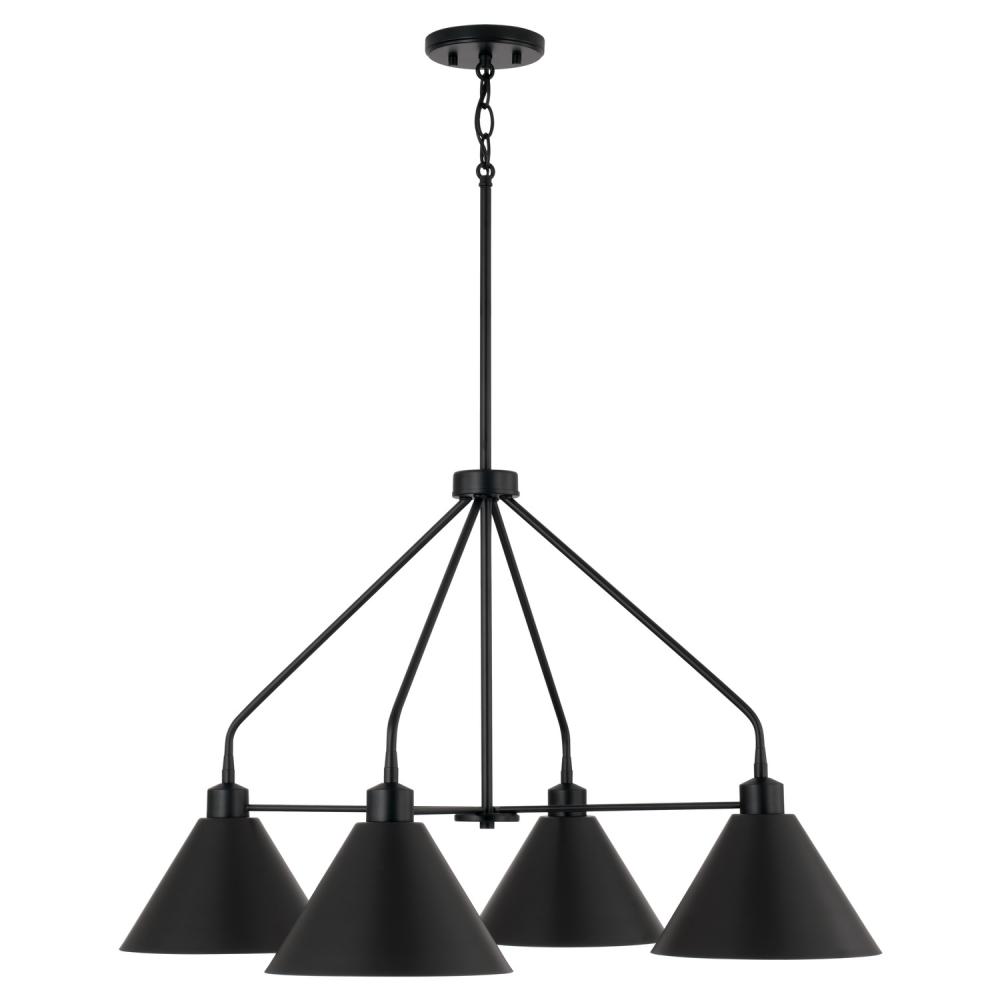 4-Light Modern Metal Chandelier in Matte Black with White Interior