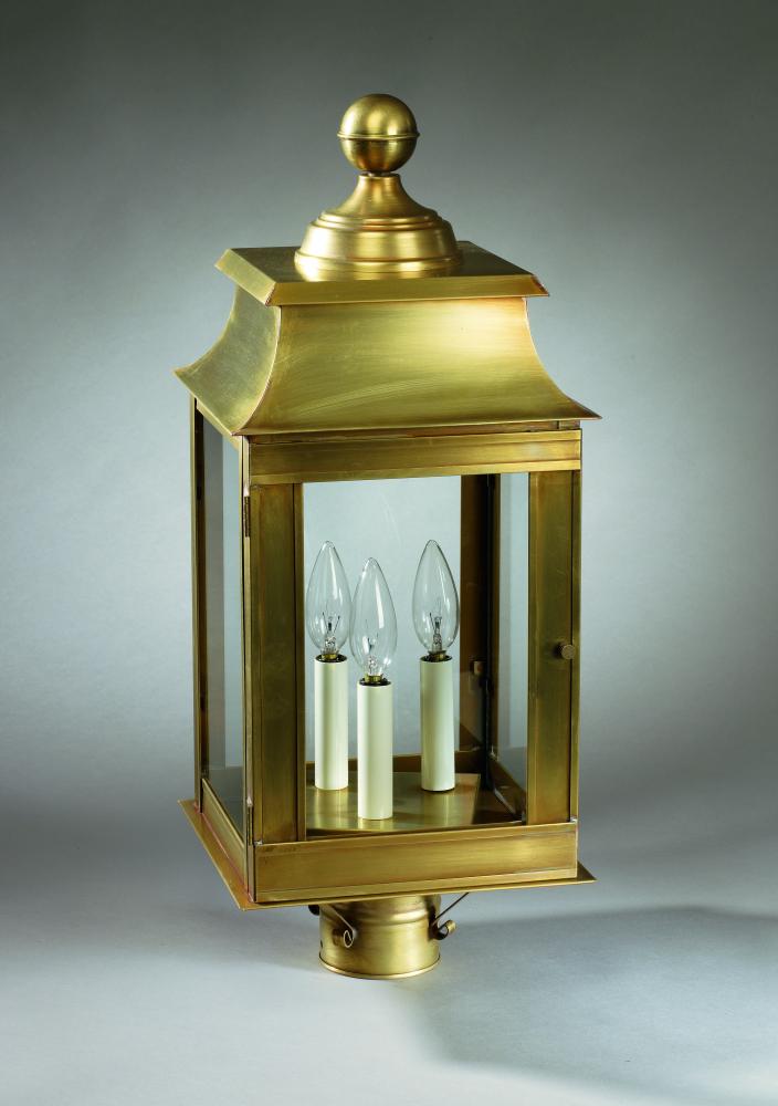 Pagoda Post Dark Brass 3 Candelabra Sockets Frosted Glass