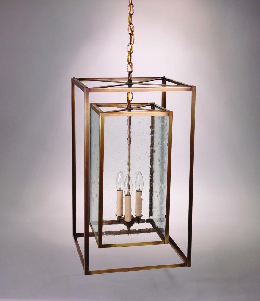 Square Hanging Inside Square Antique Brass 3 Candelabra Sockets Clear Glass