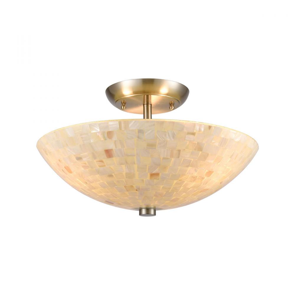 Capri 3-Light Semi Flush Mount in Satin Nickel with Glass/Capiz Shells